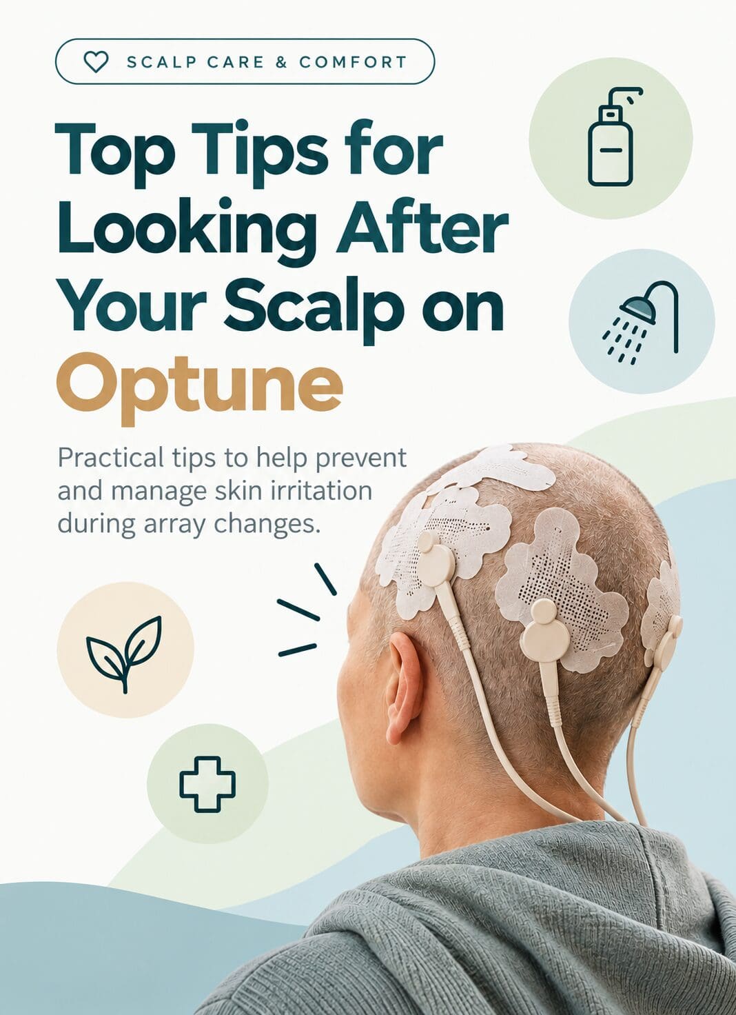 Illustration for Optune scalp care tips, showing a person wearing Optune arrays.